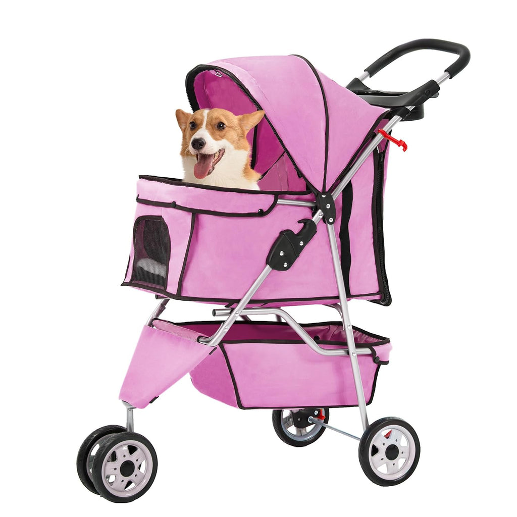 Pet Stroller Foldable Dog Stroller 3-Wheel Durable Cat Jogger Stroller for Small and Medium Dogs Cats with Washable Liner Storage Basket Cup Holder,Pink