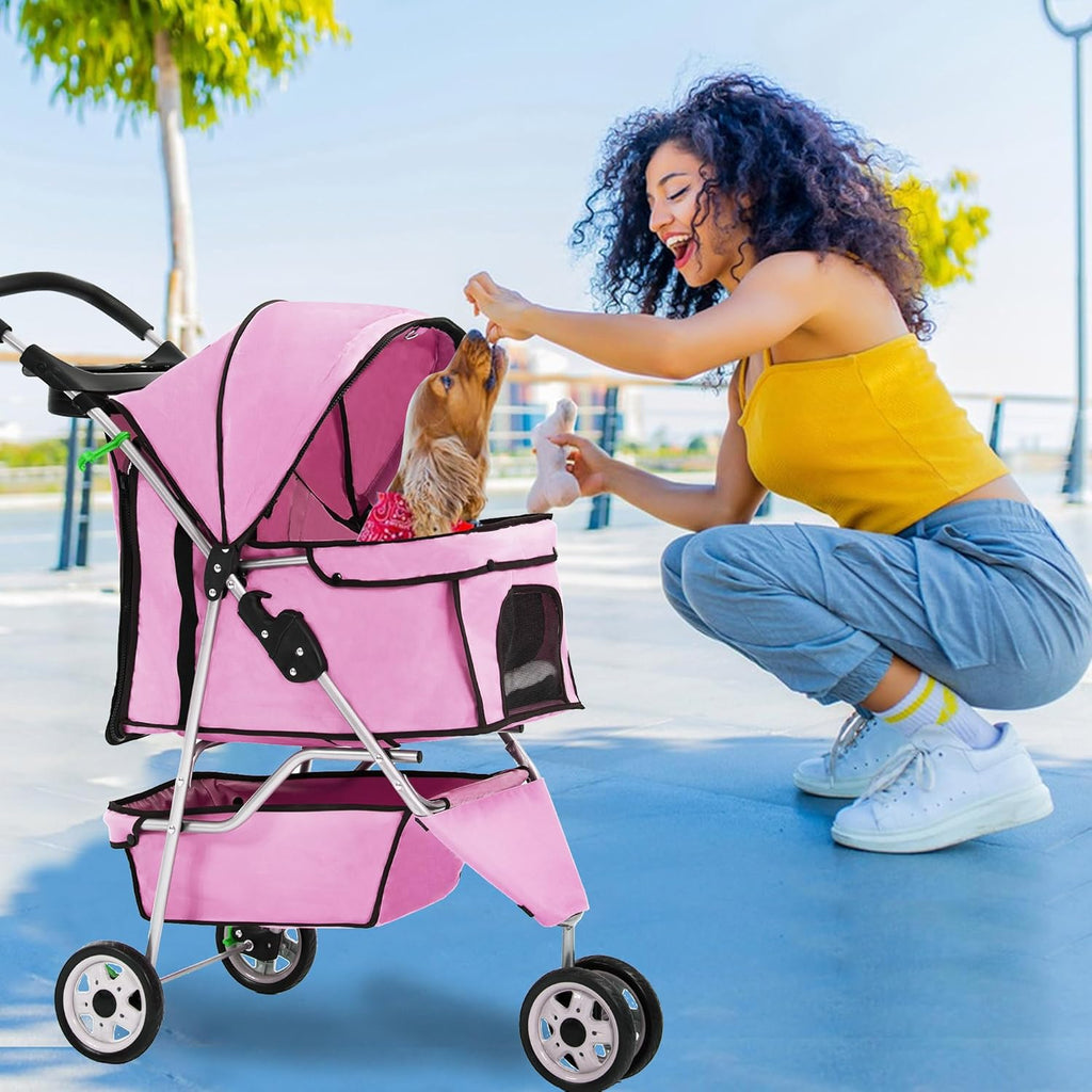 Pet Stroller Foldable Dog Stroller 3-Wheel Durable Cat Jogger Stroller for Small and Medium Dogs Cats with Washable Liner Storage Basket Cup Holder,Pink