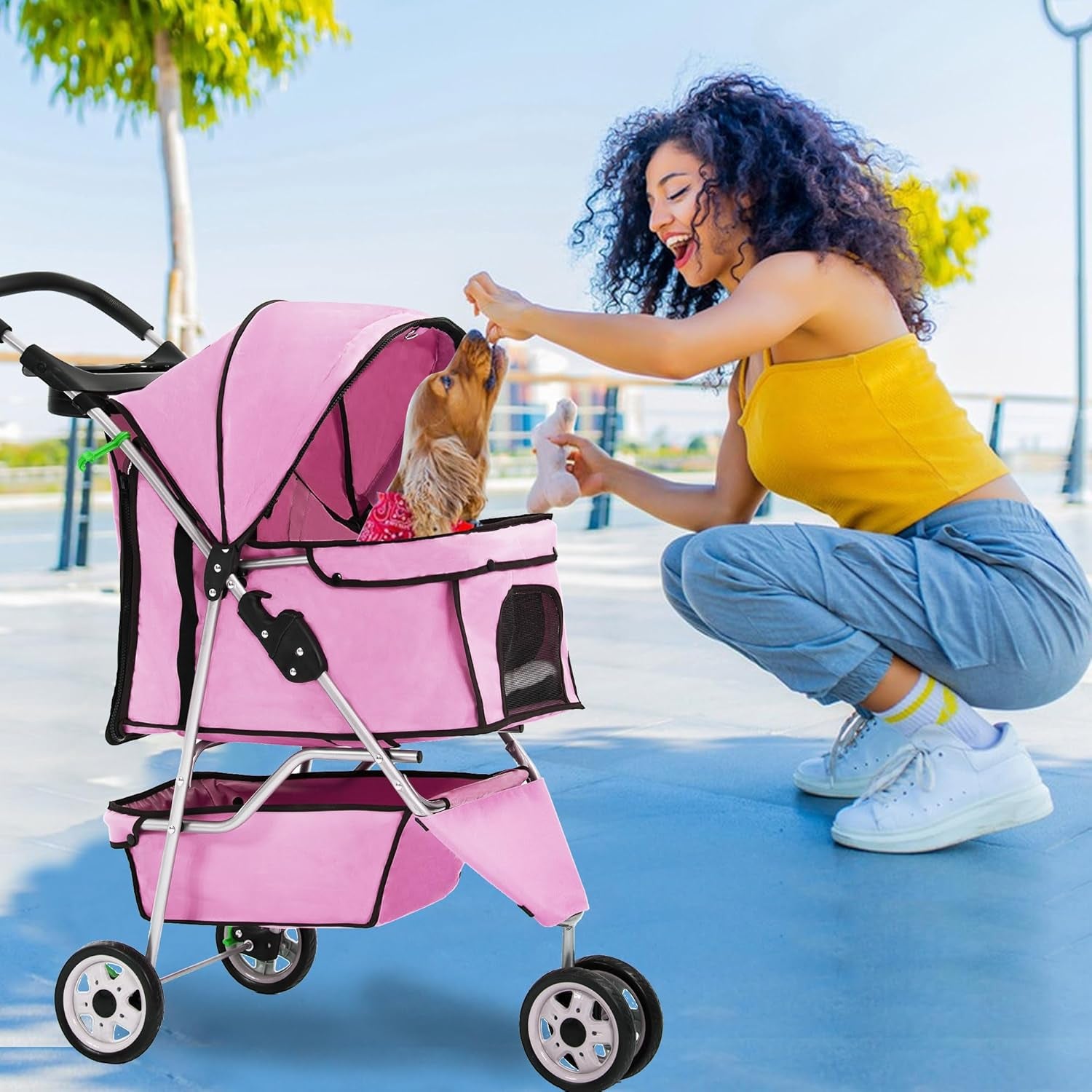 Pet Stroller Foldable Dog Stroller 3-Wheel Durable Cat Jogger Stroller for Small and Medium Dogs Cats with Washable Liner Storage Basket Cup Holder,Pink