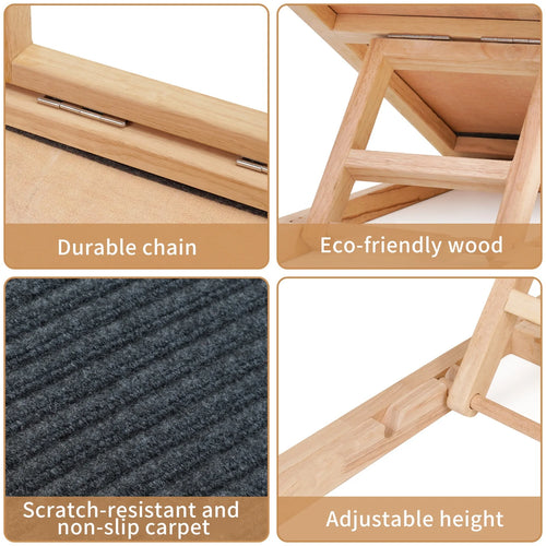 Solid Wooden Pet Ramp Car Dog Ladder Foldable Height Adjustable with Non-Slip Carpet Safety Pets Puppy Surface Access Stair