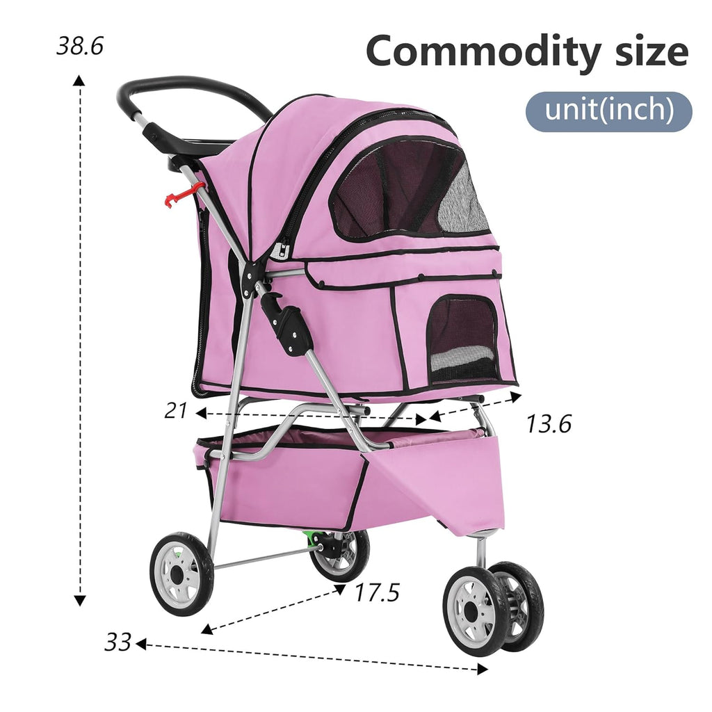 Pet Stroller Foldable Dog Stroller 3-Wheel Durable Cat Jogger Stroller for Small and Medium Dogs Cats with Washable Liner Storage Basket Cup Holder,Pink