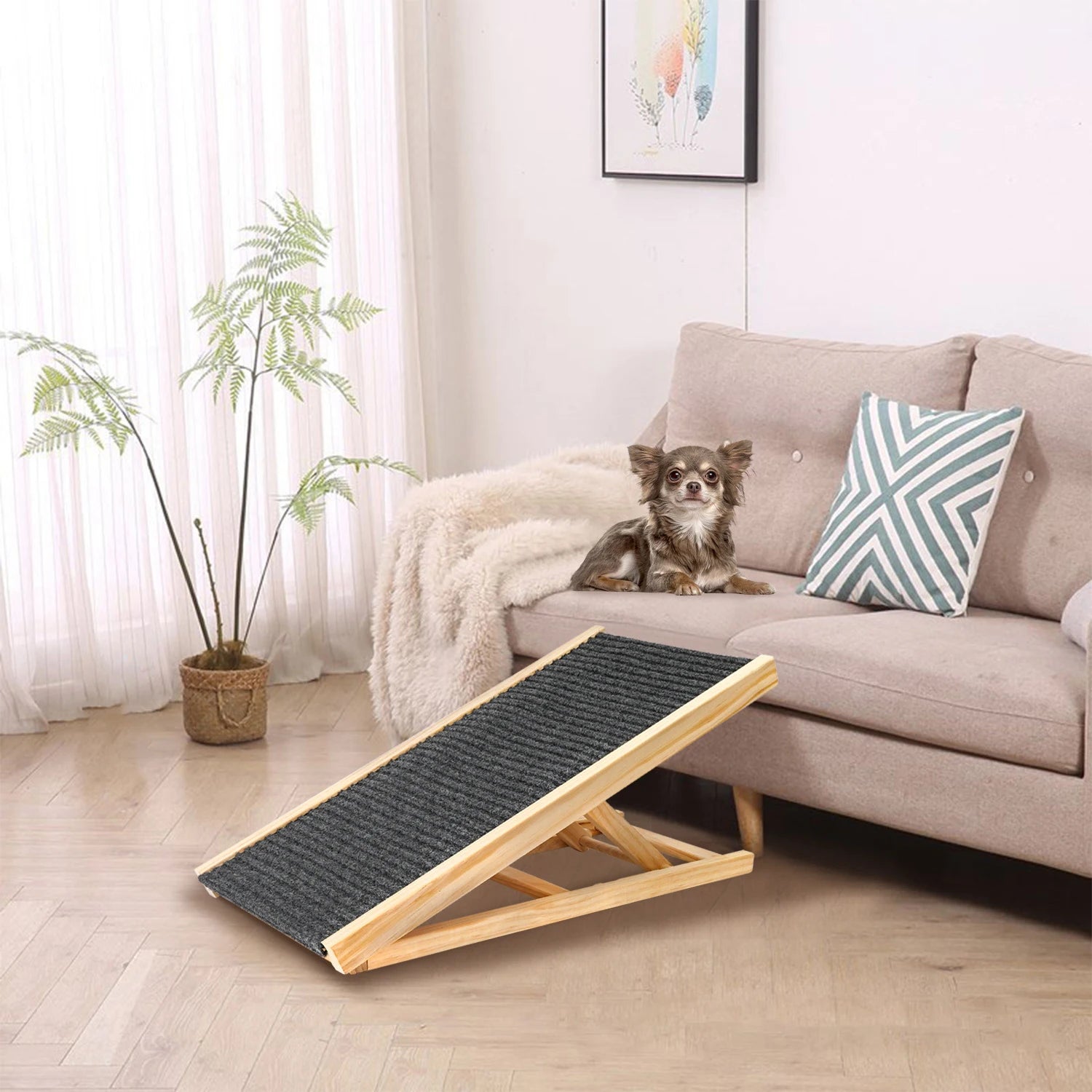 Solid Wooden Pet Ramp Car Dog Ladder Foldable Height Adjustable with Non-Slip Carpet Safety Pets Puppy Surface Access Stair