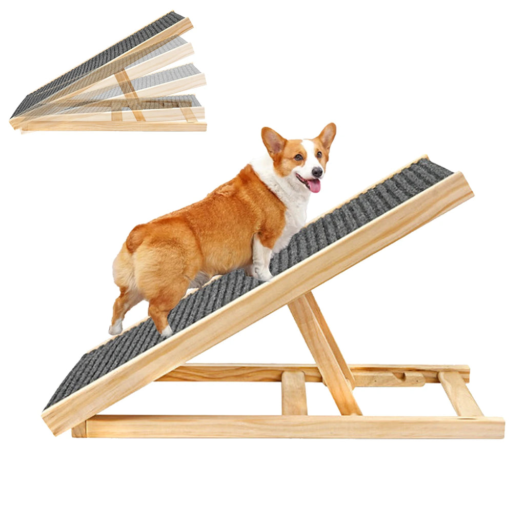 Solid Wooden Pet Ramp Car Dog Ladder Foldable Height Adjustable with Non-Slip Carpet Safety Pets Puppy Surface Access Stair