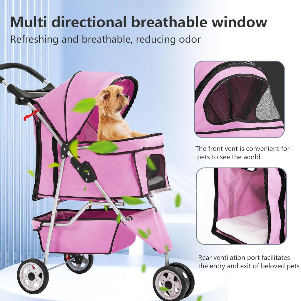 Pet Stroller Foldable Dog Stroller 3-Wheel Durable Cat Jogger Stroller for Small and Medium Dogs Cats with Washable Liner Storage Basket Cup Holder,Pink