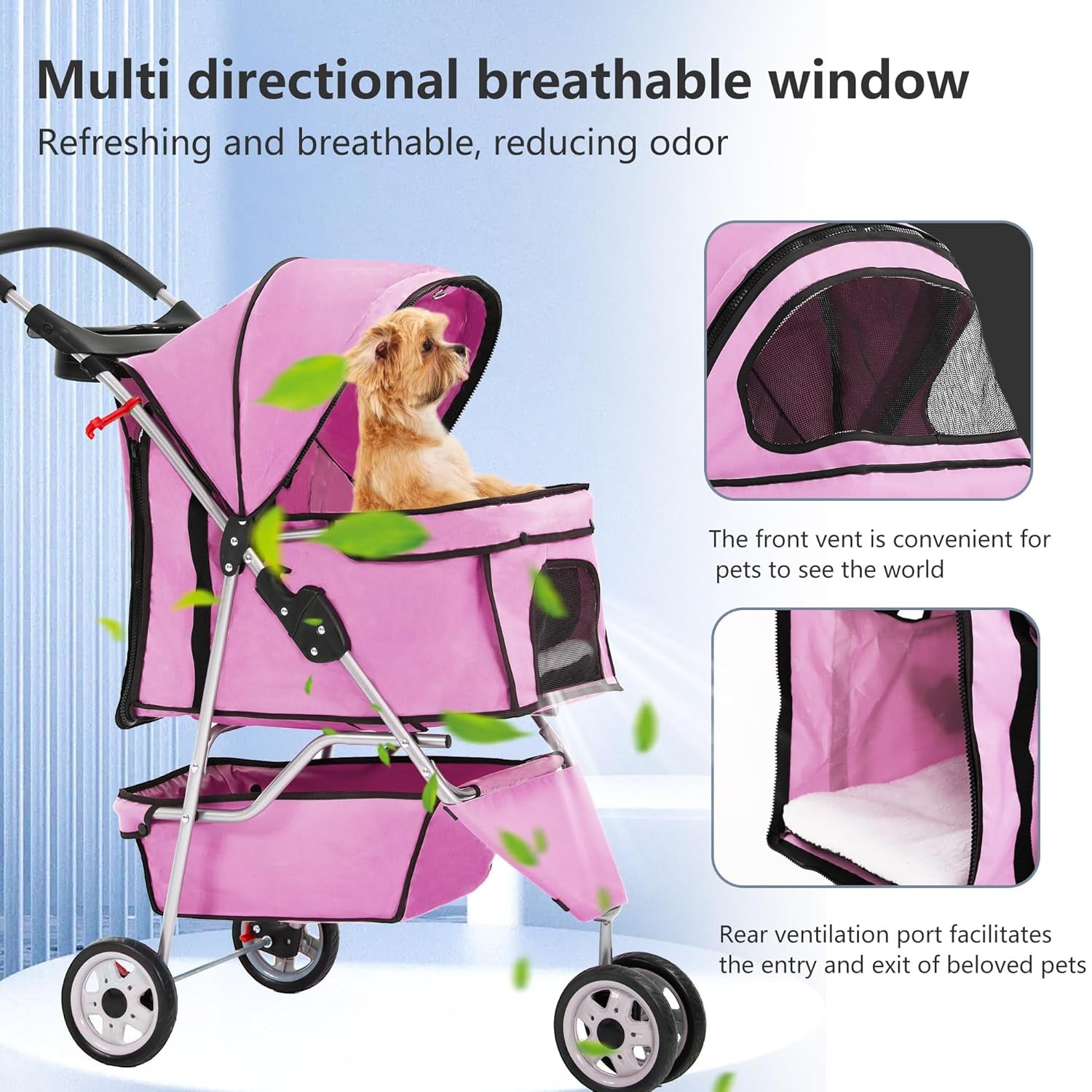 Pet Stroller Foldable Dog Stroller 3-Wheel Durable Cat Jogger Stroller for Small and Medium Dogs Cats with Washable Liner Storage Basket Cup Holder,Pink